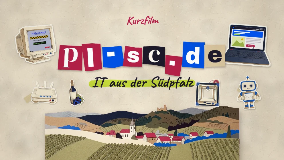 Papier-Collage mit dem Schriftzug pl-sc.de, Computern, Router, Roboter, 3D-Drucker und einer Weinberglandschaft der Südpfalz